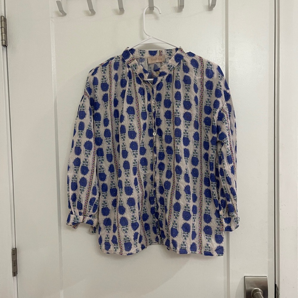 SensUniq Puff Sleeve Floral Button Up Blouse Cottagecore Boho Prairie